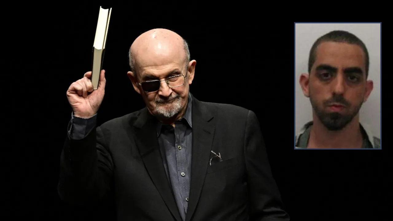  File Photo: Salman Rushdie. Inset: Handout photo provided by the Chautauqua County Sheriff's Office shows the mugshot of Rushdie's attacker 24 year old Hadi Matar.  Photograph: (Combination created using images from AFP) 