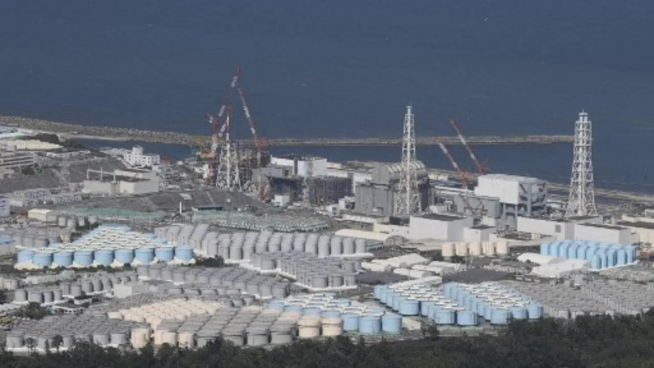  This aerial picture shows storage tanks used for storing treated water at TEPCO's crippled Fukushima Daiichi Nuclear Power Plant in Okuma, Fukushima prefecture on August 24, 2023. Photograph: (AFP) 