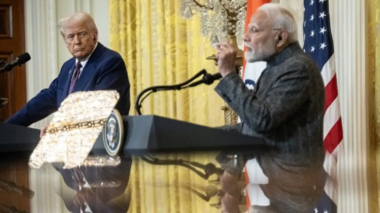  US President Donald Trump and Indian Prime Minister Narendra Modi hold a joint press conference in the East Room of the White House in Washington, DC, on February 13, 2025. Photograph: (AFP) 