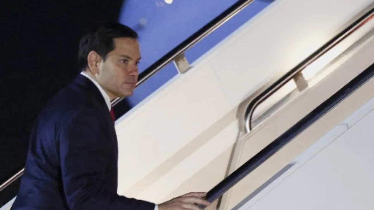  US Secretary of State Marco Rubio boards a plane as he departs Joint Base Andrews with him to the Munich Security Conference, Germany, from Joint Base Andrews, Maryland, US, on February 13, 2025. Photograph: (AFP) 