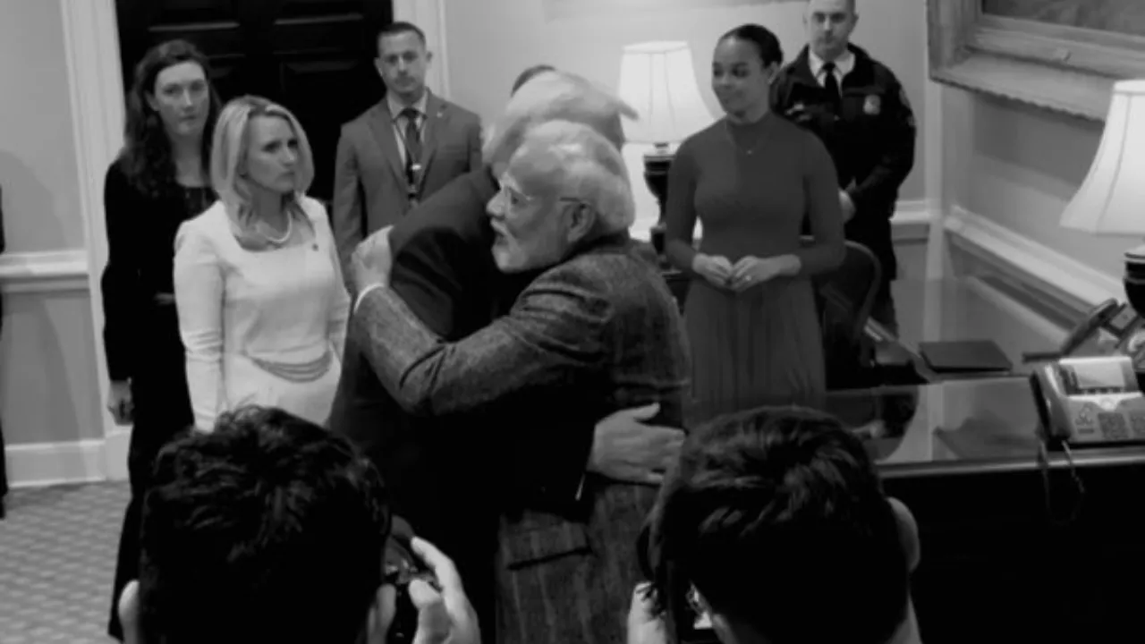  US President Donald Trump and Indian Prime Minister Narendra Modi share an embrace ahead of bilateral meeting.  Photograph: (WION Web Team) 