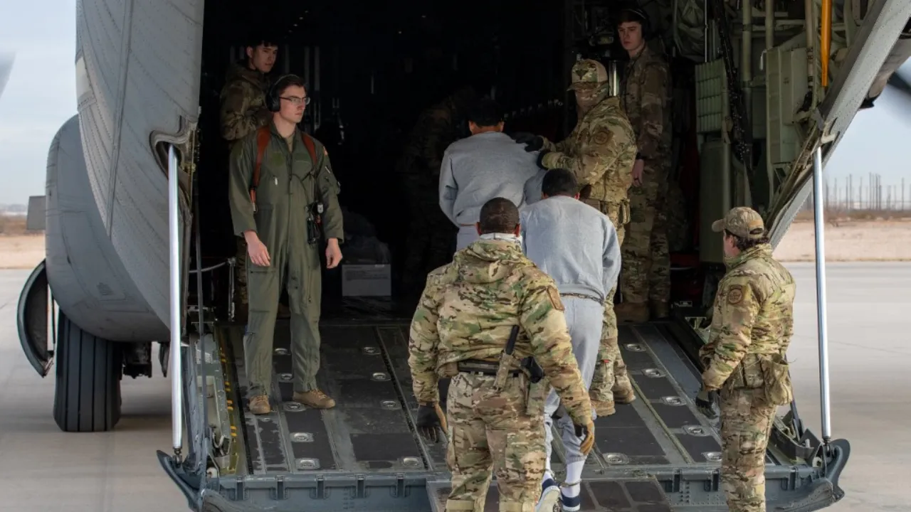  This handout picture courtesy of the US Army shows US Transportation Command supports Immigration and Customs Enforcement deportation flights by providing military airlift, Fort Bliss, Texas, on February 10, 2025. Photograph: (AFP) 