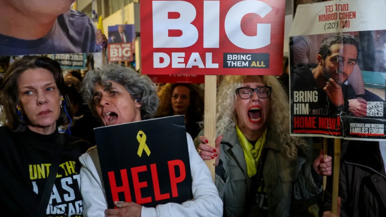  Relatives and supporters of Israelis held hostage in Gaza since the October 7, 2023 attacks by Palestinian militants, hold a demonstration calling on the US to intervene for their release, in front of the US embassy branch office in Tel Aviv, on February 4, 2025. Photograph: (AFP) 