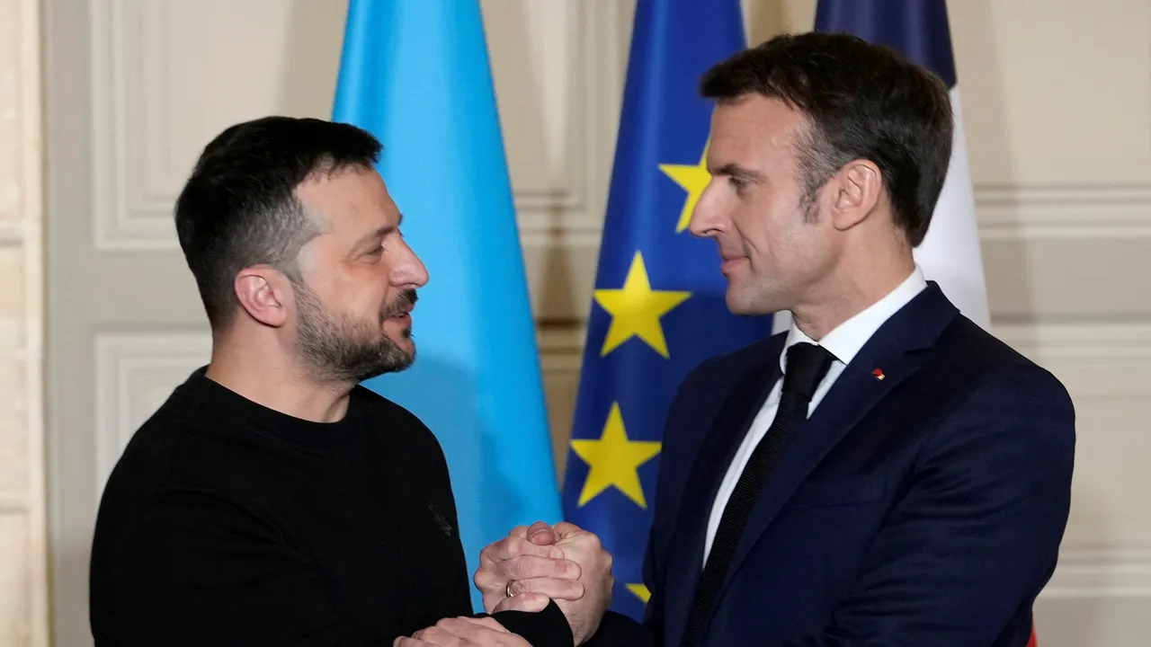  French President Emmanuel Macron and his Ukrainian counterpart Volodymyr Zelenskiy shake hands after a press conference, February 16, 2024 at the Elysee Palace in Paris, France.  Photograph: (Reuters) 