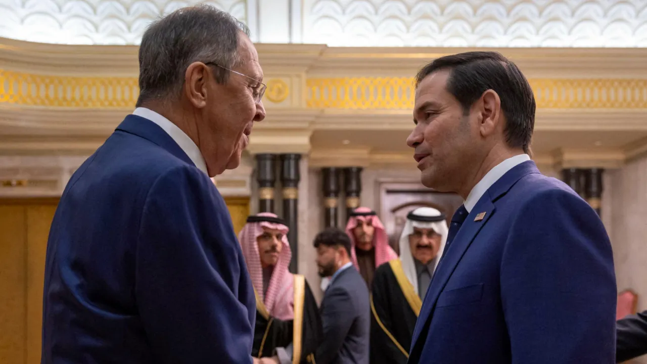  US Secretary of State Marco Rubio (R) shakes hands with Russian Foreign Minister Sergei Lavrov during their meeting at Diriyah Palace, in Riyadh, Saudi Arabia Photograph: (AFP) 