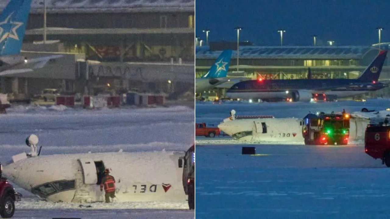  A Delta airlines plane sits on its roof after crashing upon landing at Toronto Pearson Airport in Toronto, Ontario, on February 17, 2025.  Photograph: (AFP) 