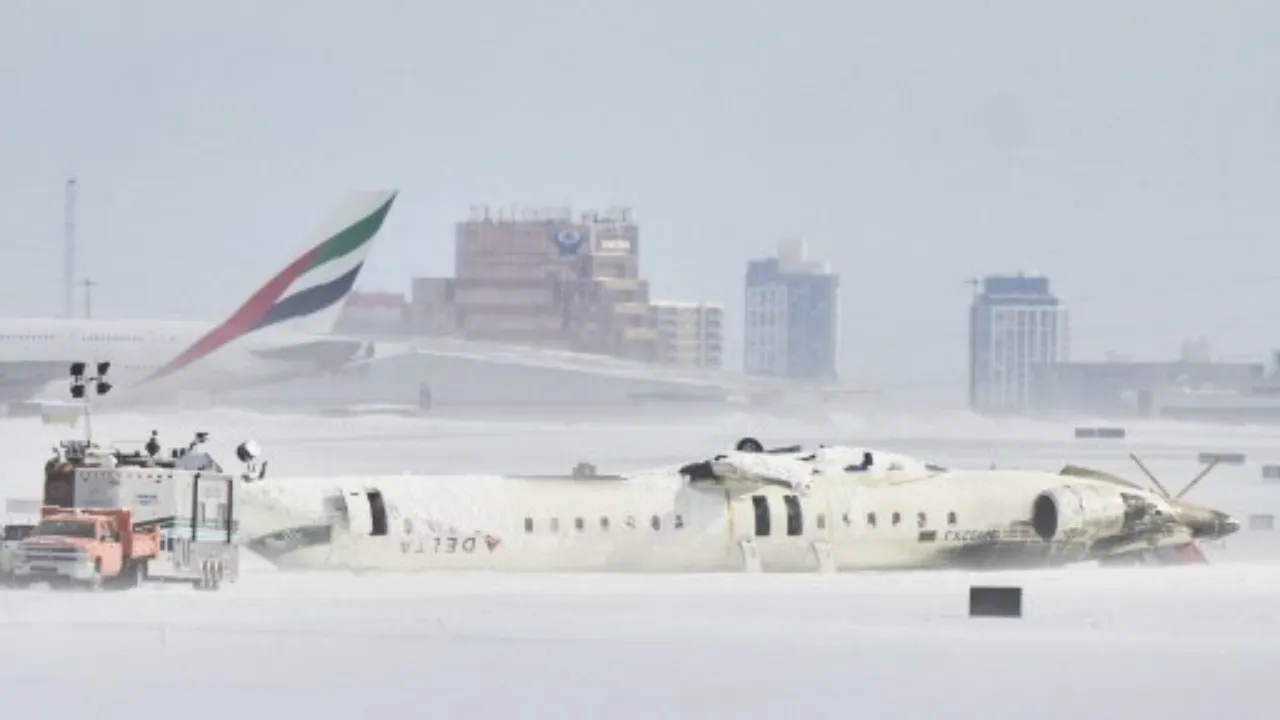  Investigators examine the wreckage of a Delta Air Lines plane a day after it crashed on landing at Toronto Pearson International Airport in Toronto, Ontario, February 18, 2025. Photograph: (AFP) 