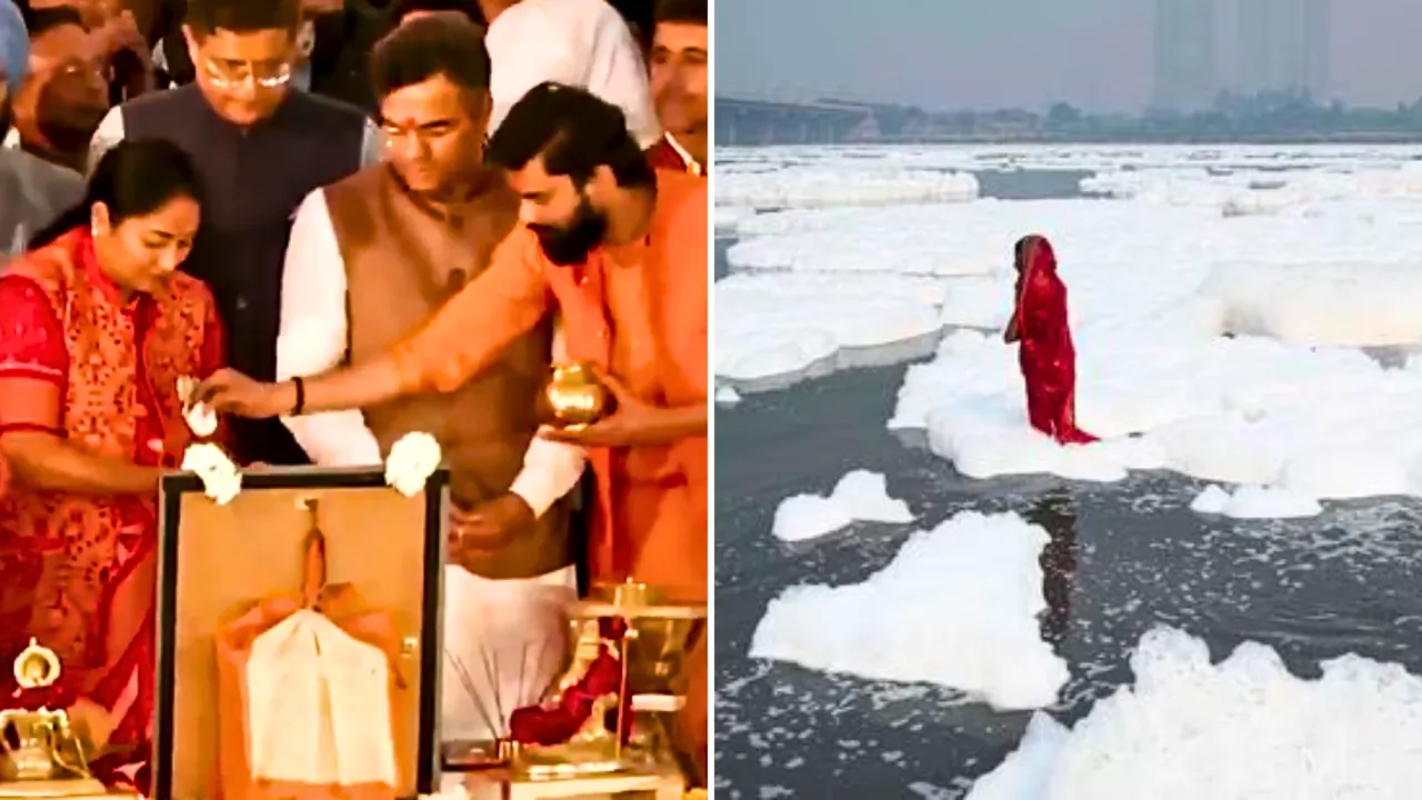  Left: Newly appointed Delhi CM performs Yamuna aarti on Thursday. Right: File photo of a devotee taking a dip in the waters of Yamuna River as a part of rituals for Chhat Puja amid foam created by pollution in the water Photograph: (X/BJP, AFP) 
