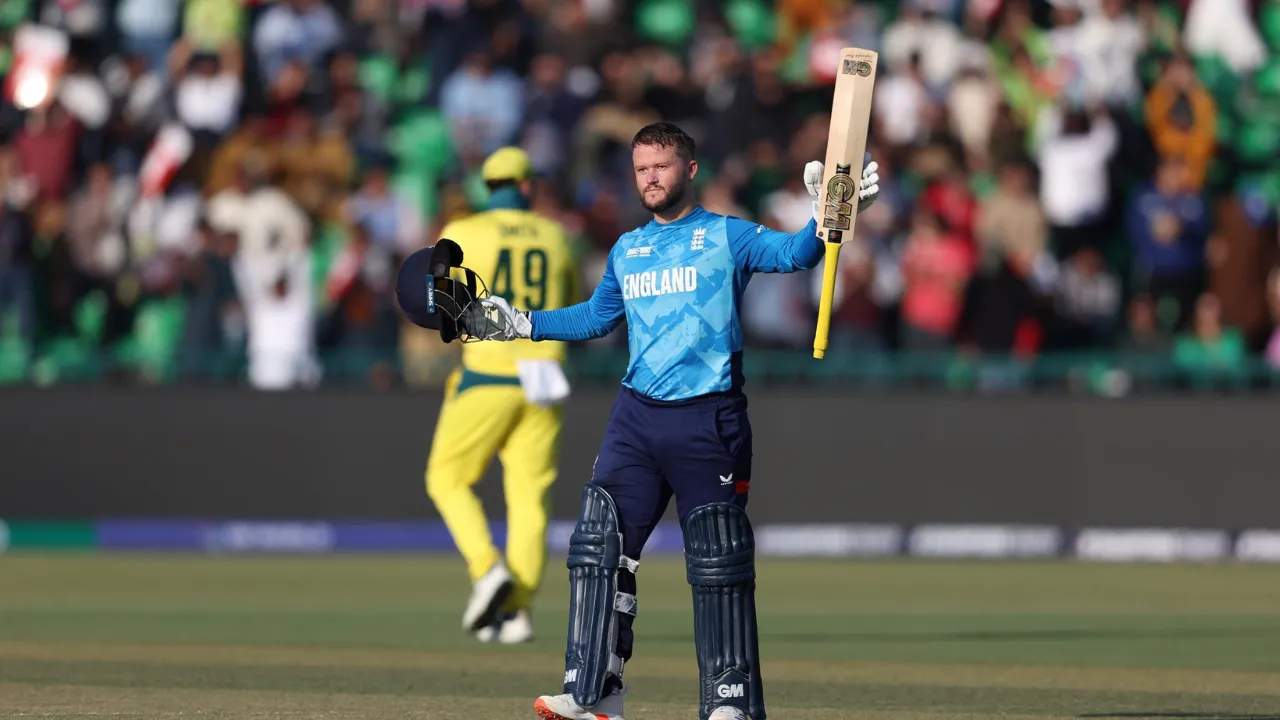  Ben Duckett celebrates after scoring his century  Photograph: (X (@ICC)) 