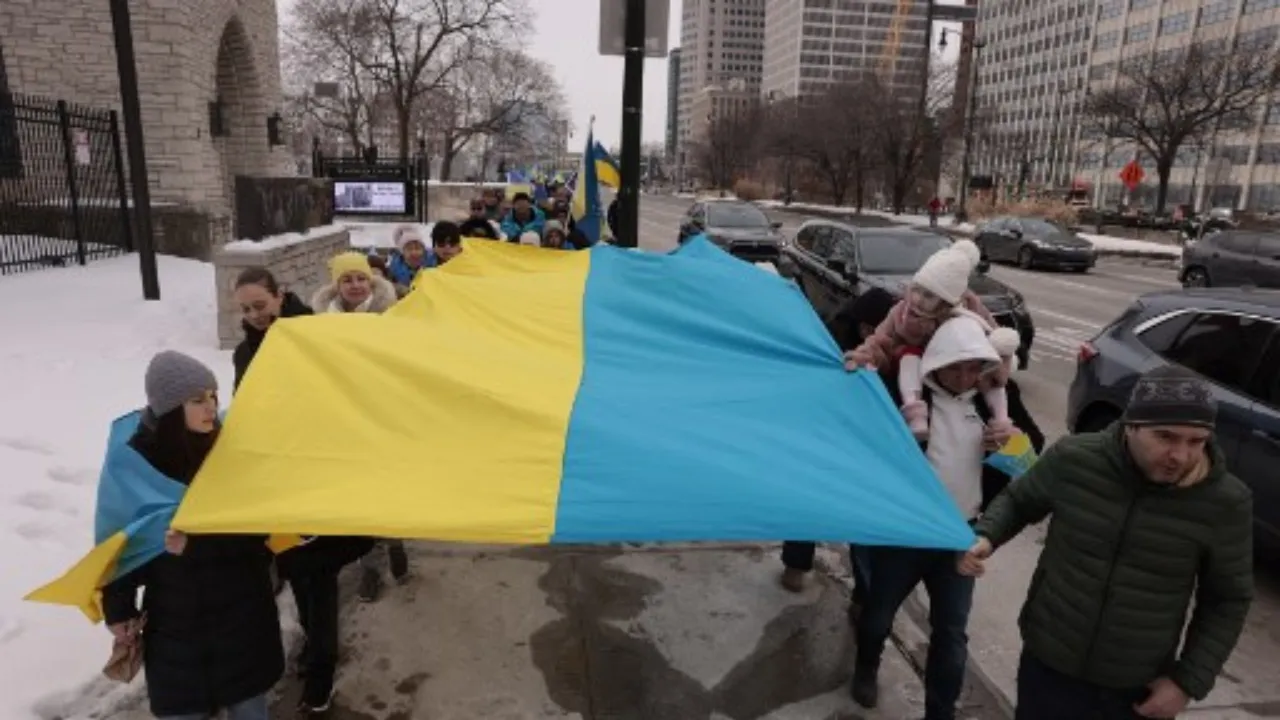  People rally in support of Ukraine ahead of the third anniversary of the war with Russia, in Detroit, Michigan, on February 23, 2025. Photograph: (AFP) 