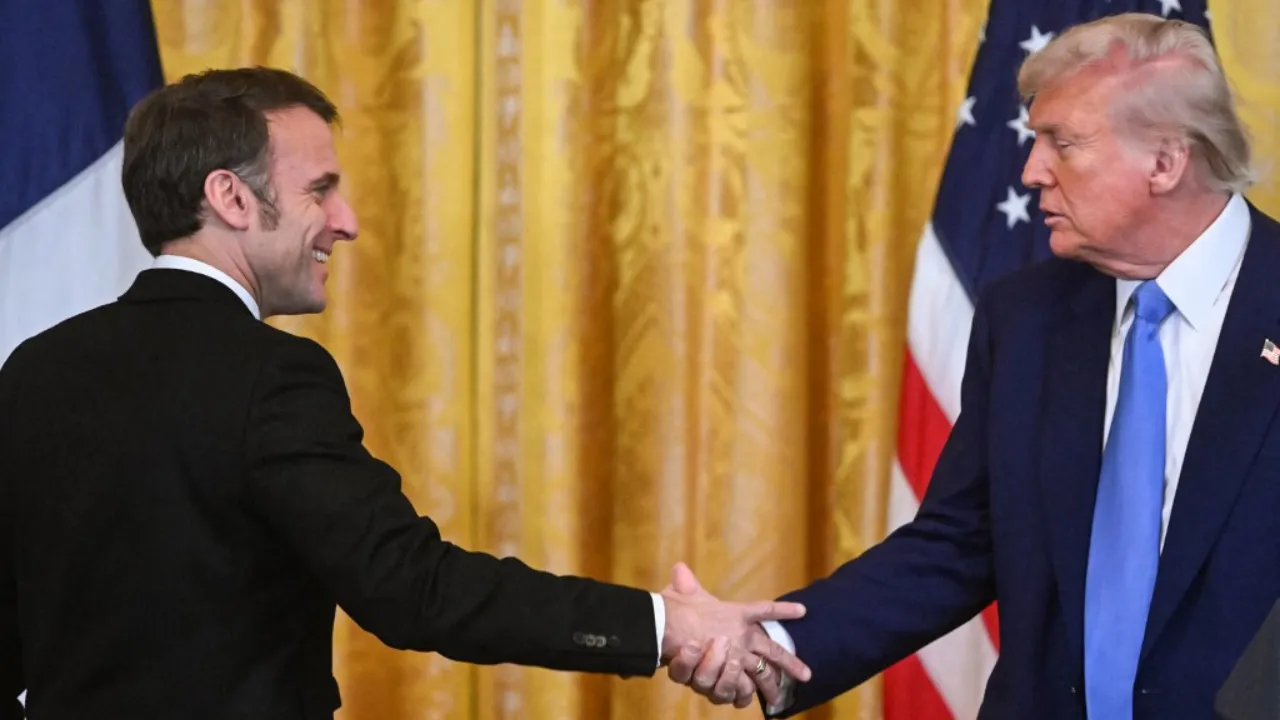  US President Donald Trump and French President Emmanuel Macron shake hands at the end of a joint press conference in the East Room to the White House in Washington, DC, on February 24, 2025. Photograph: (AFP) 