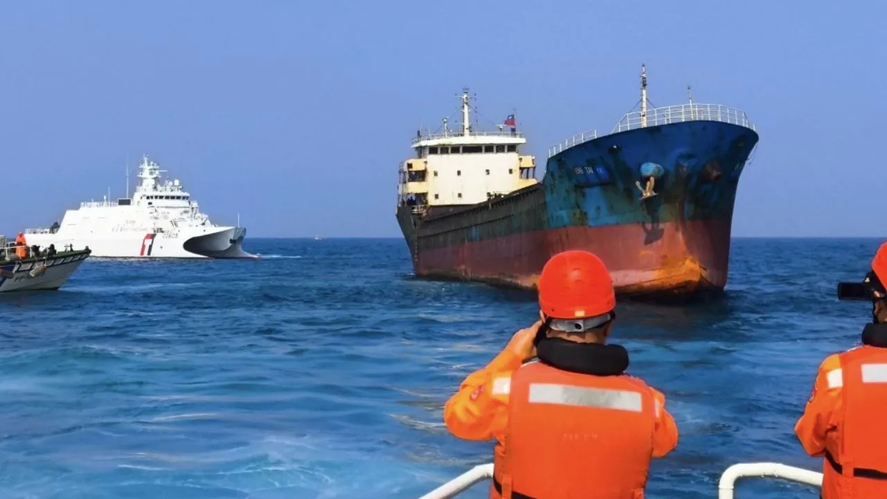  This handout photo taken and released on February 25, 2025 by the Taiwan Coast Guard shows the detained Togolese-registered ship 'Hongtai' in Penghu. Photograph: (AFP) 