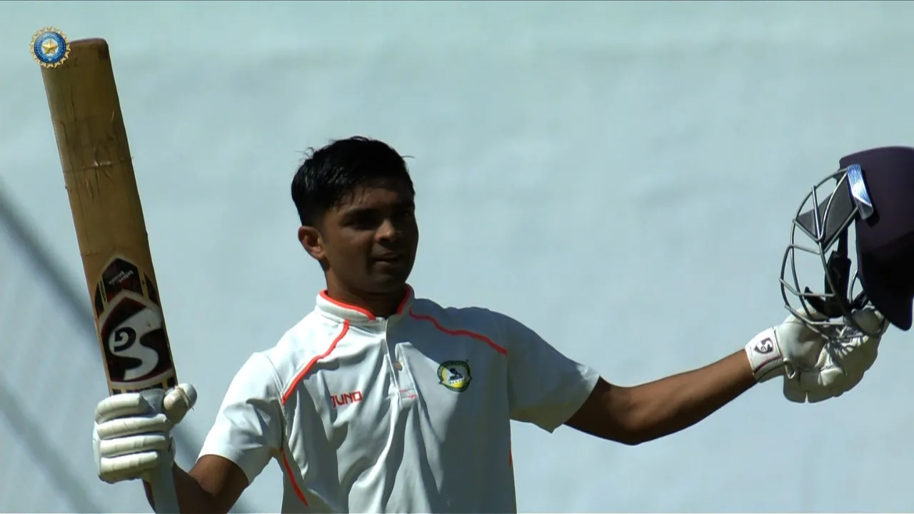  Danish Malewar celebrates his century Photograph: (X (@BCCIdomestic)) 