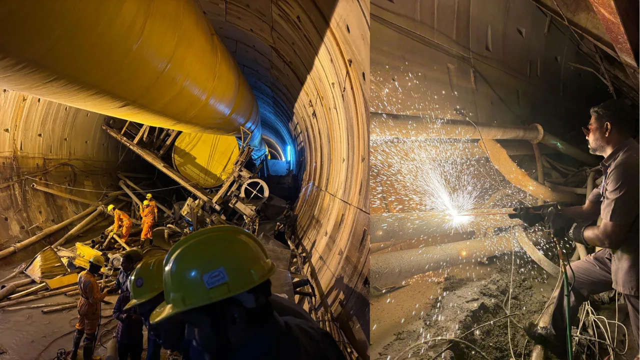  SCR Deploys Team of Metal Cutting Experts Along with Requisite Machinery to clear debris at the SLBC tunnel collapse site Photograph: (SCRailwayIndia/X) 