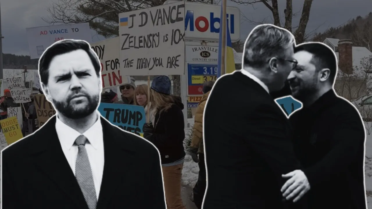  US Vice President JD Vance was welcomed by a angry protestors during a family ski trip in Vermont on Sunday (March 2) - a day after his heated argument with the Ukrainian President Volodymyr Zelensky in the White House. Photograph: (Wion Web Team ) 