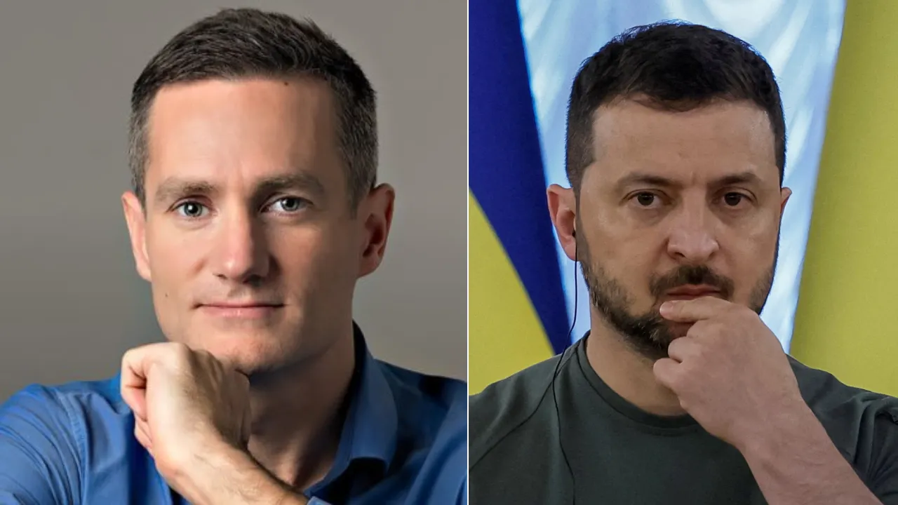  Rasmus Jarlov, chair of the Danish parliament Folketing’s defence committee and Ukrainian President Volodymyr Zelensky Photograph: (X/Reuters) 