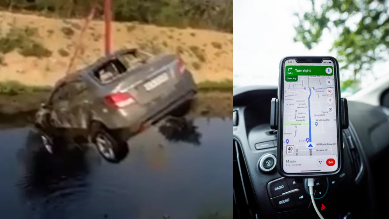  In India's Uttar Pradesh, a car carrying three passengers met with a major accident that led to the death of one after the vehicle fell into a 30-feet deep gutter due to Google Map's faulty navigation. Photograph: (WION Web Team) 