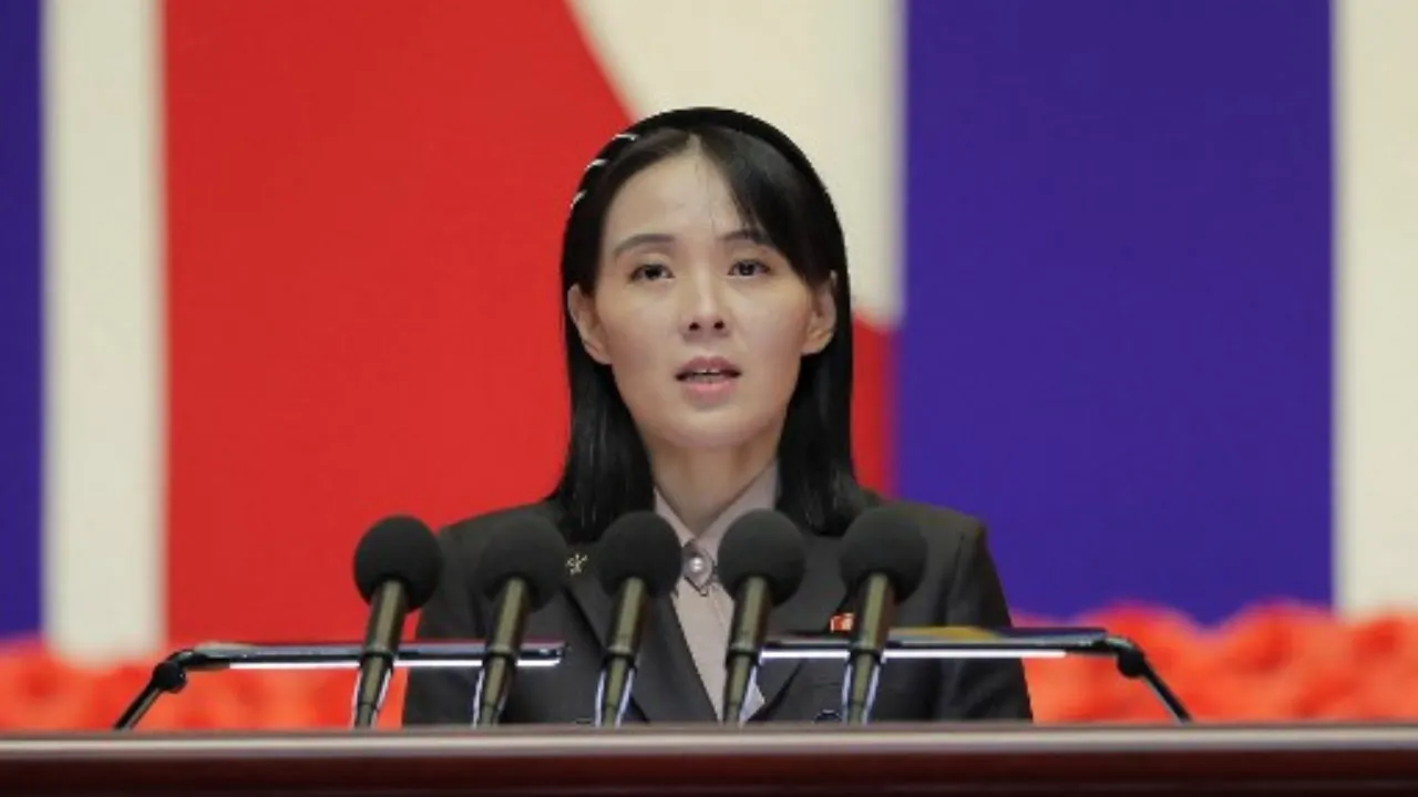  This picture taken on August 10, 2022 shows Kim Yo Jong speaking at the National Emergency Prevention General Meeting in Pyongyang. Image released by KCNA. Photograph: (AFP) 