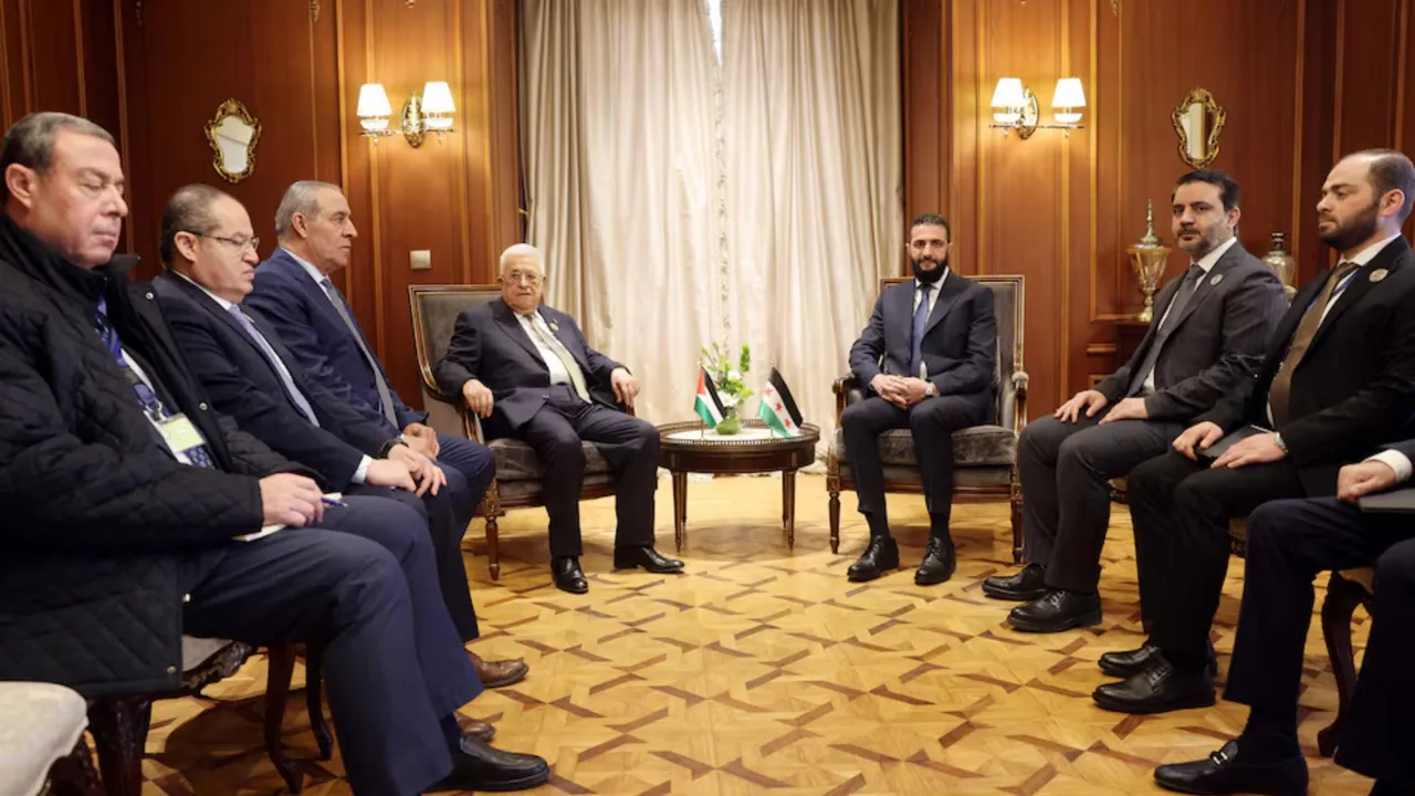  Palestinian President Mahmoud Abbas meets with Syria's interim President Ahmed al-Sharaa, ahead of the emergency Arab Summit organised by Egypt in Cairo on March 4, 2025. Photograph: (Reuters) 