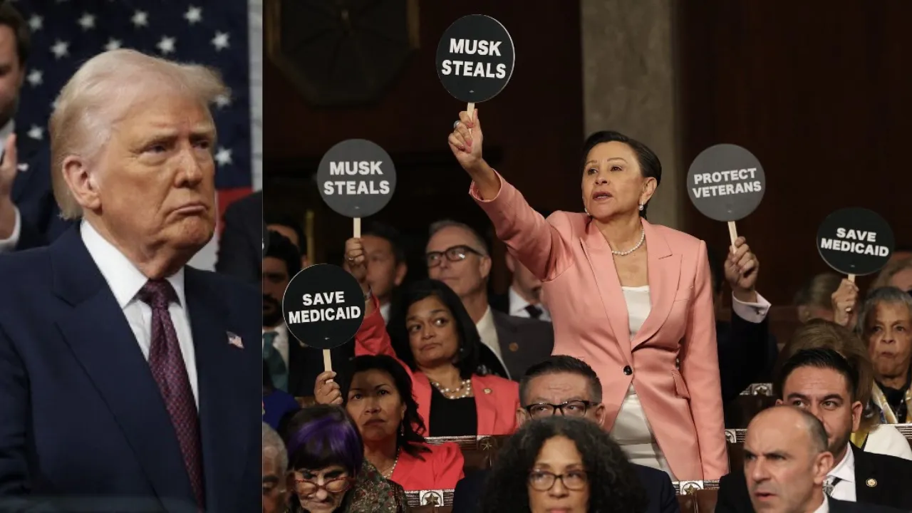  US President Donald Trump addressing a joint session of Congress (L). Democrats hold protest signs US President Donald Trump speaks during an address to a joint session of Congress at the US Capitol in Washington, DC, on March 4, 2025 (R). Photograph: (Combination created using images from AFP) 