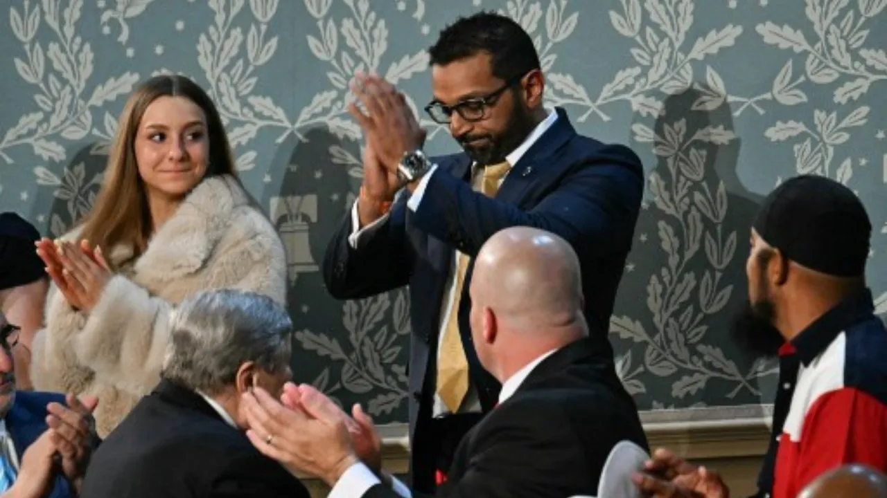  Kash Patel acknowledges Trump's applause during the US president's address to Congress. Photograph: (AFP) 