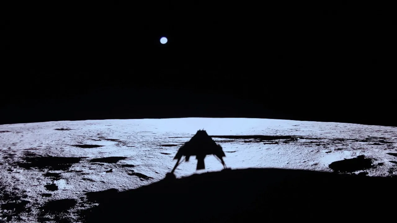  This handout photograph taken and released by Firefly Aerospace on March 2, 2025, shows the Firefly Blue Ghost lander's shadow on the Moon's surface during its lunar landing as part of the Ghost Mission 1.  Photograph: (AFP) 