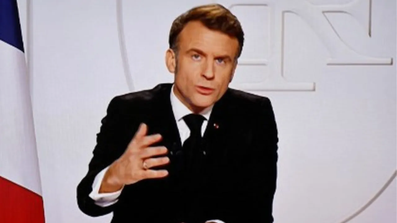  This photograph taken on March 5, 2025, shows a television screen broadcasting France's President Emmanuel Macron addressing a live interview on French TV at the Elysee Presidential Palace in Paris.  Photograph: (AFP) 