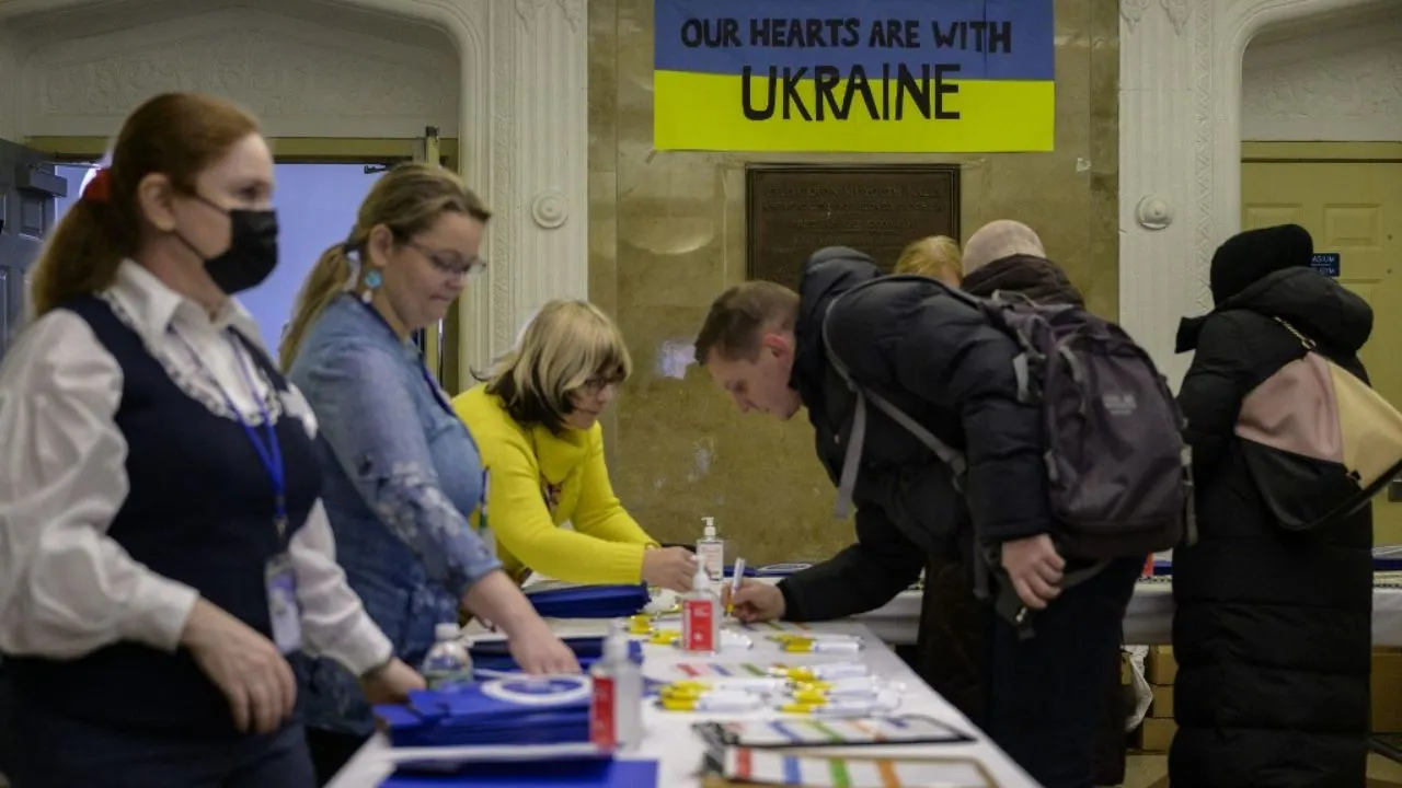  Ukrainian refugees sign in to attend a job fair in the Brooklyn borough of New York on February 01, 2023. Photograph: (AFP) 