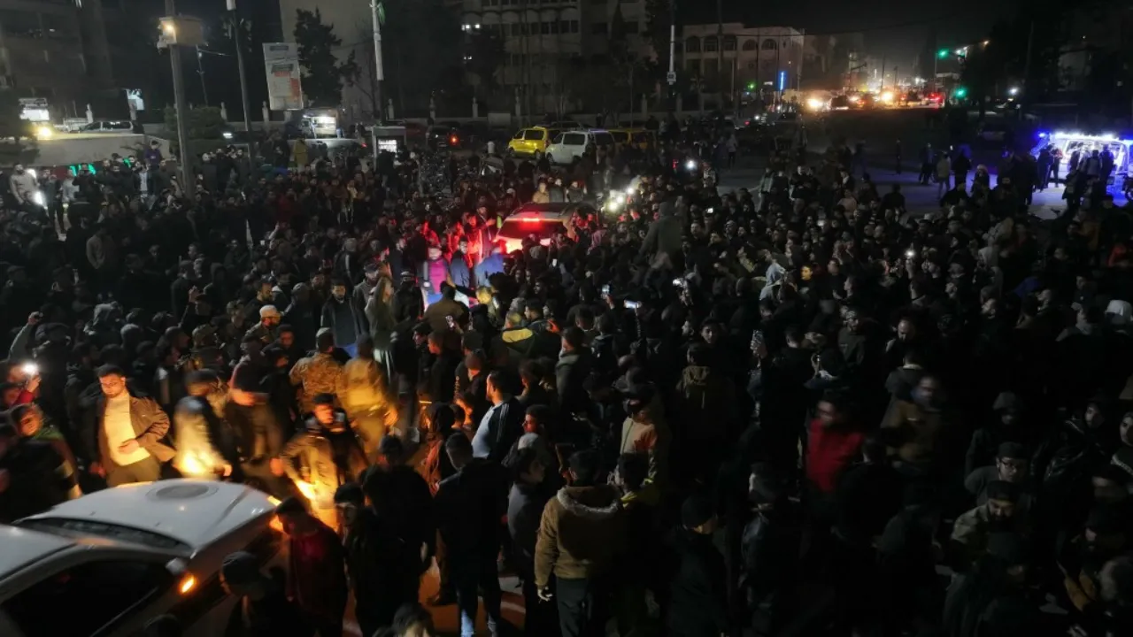  People participate in a demonstration on a street in Idlib on March 6, 2025, protesting against the remnants of militants loyal to deposed ruler Bashar al-Assad. Photograph: (AFP) 