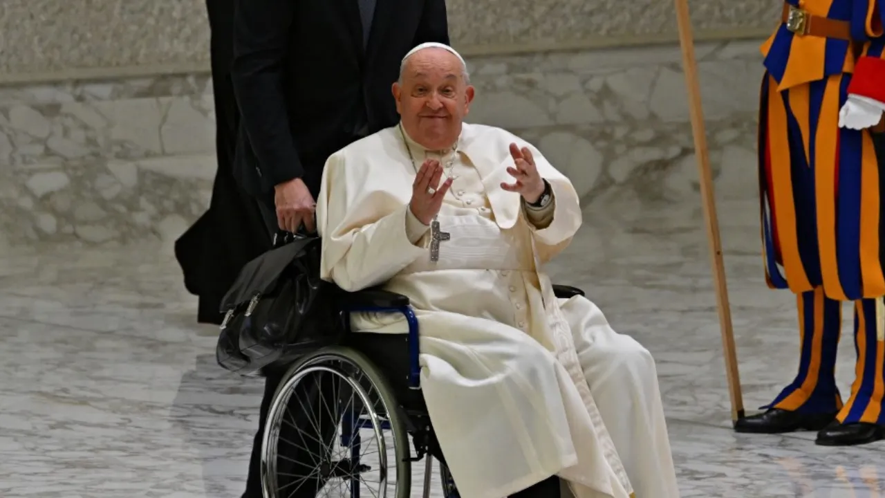 Pope Francis (C) gestures as he arrives for a weekly general audience at Paul-VI hall in the Vatican on January 22, 2025. Ailing Pope Francis's condition is 'stable' and he has not suffered a fresh breathing crisis, the Vatican said on March 6, 2025, as the 88-year-old nears three weeks in hospital with pneumonia. Photograph: (AFP) 