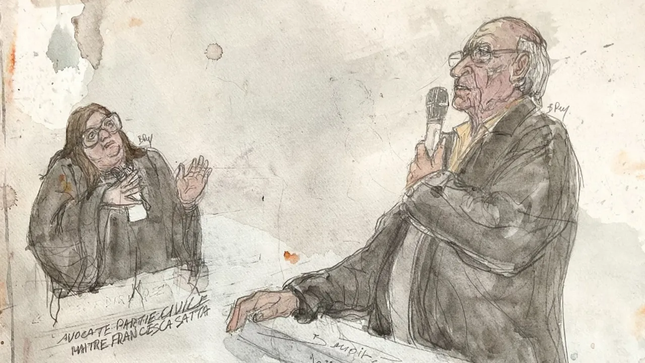  This court sketch created on March 6, 2025, shows retired French surgeon Joel Le Scouarnec (R) answering a question of French plaintiffs' lawyer Francesca Satta (L) during his trial on charges of assaulting or raping 299 patients, at the Criminal Court in Vannes. Photograph: (AFP) 
