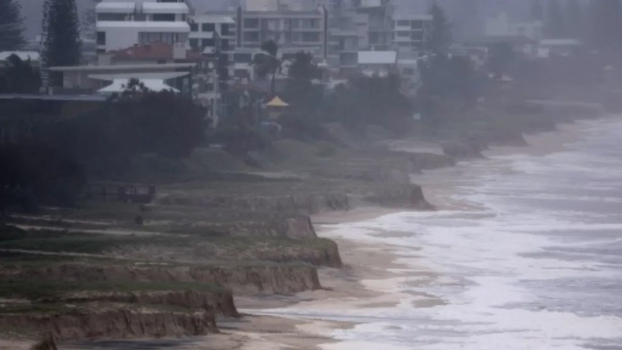  A general view shows erosion at Miami Beach after the sand was washed away during Tropical Cyclone Alfred on the Gold Coast on March 9, 2025. Photograph: (AFP) 