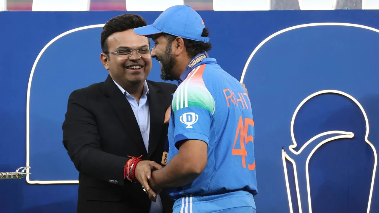  Rohit-Jay Shah pose with twin ICC titles after India’s Champions Trophy hurray - Watch Photograph: (X) 