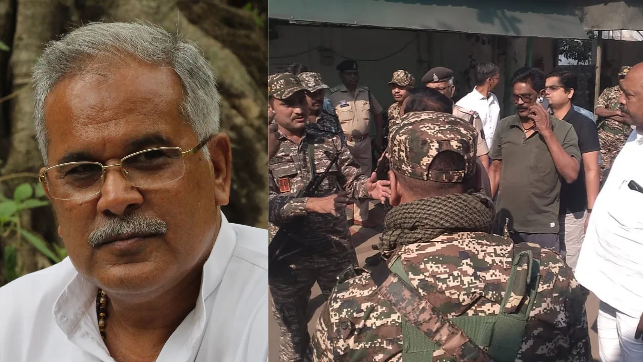  Bhupesh Baghel (L), ED conduting rais at Bhagel's residence (R) Photograph: (Combination created using images from X and Wikipedia) 