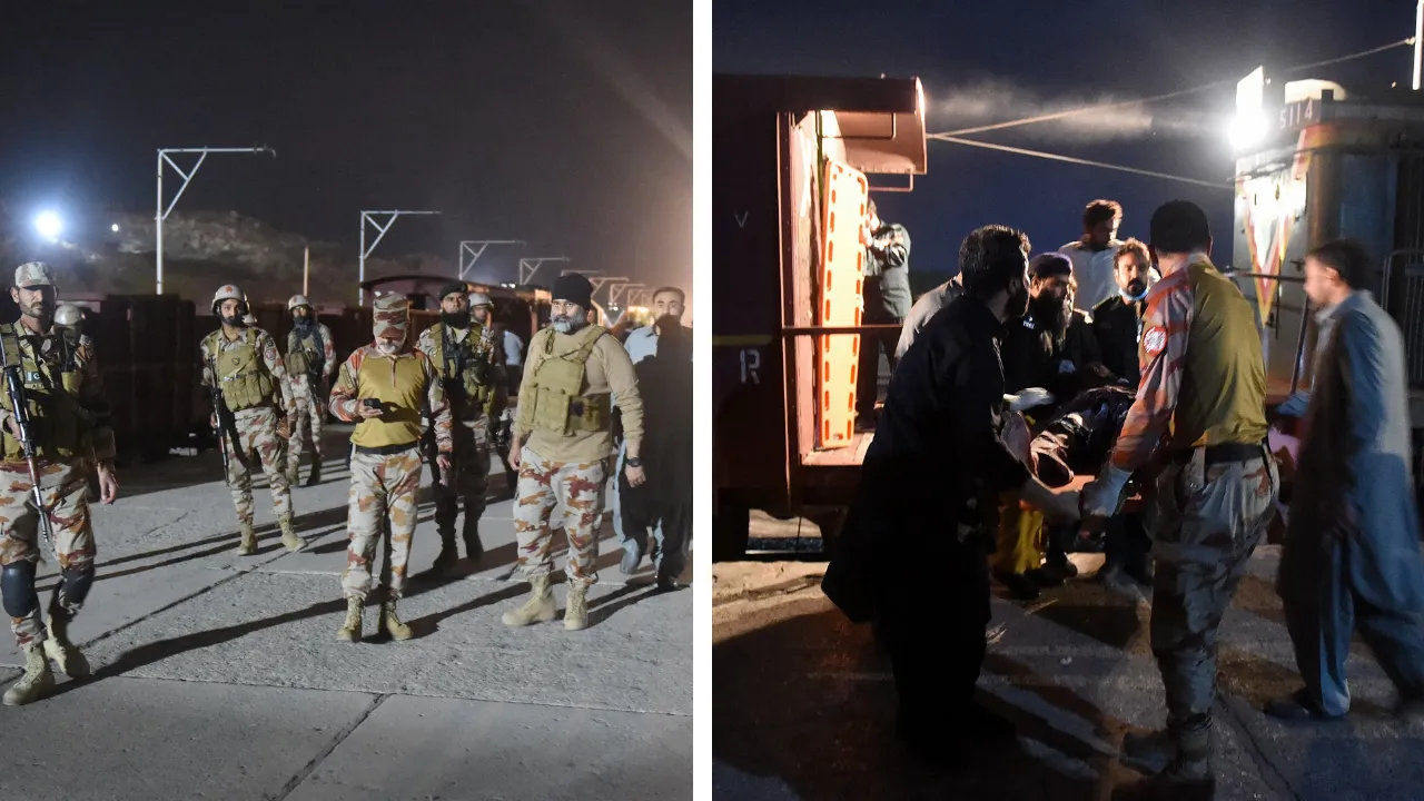  Soldiers secure Mach railway station after Pakistani security forces freed some passengers following a security operation against armed militants who ambushed the train in the remote mountainous area, in Mach, southwestern Balochistan province on March 12, 2025 Photograph: (AFP) 