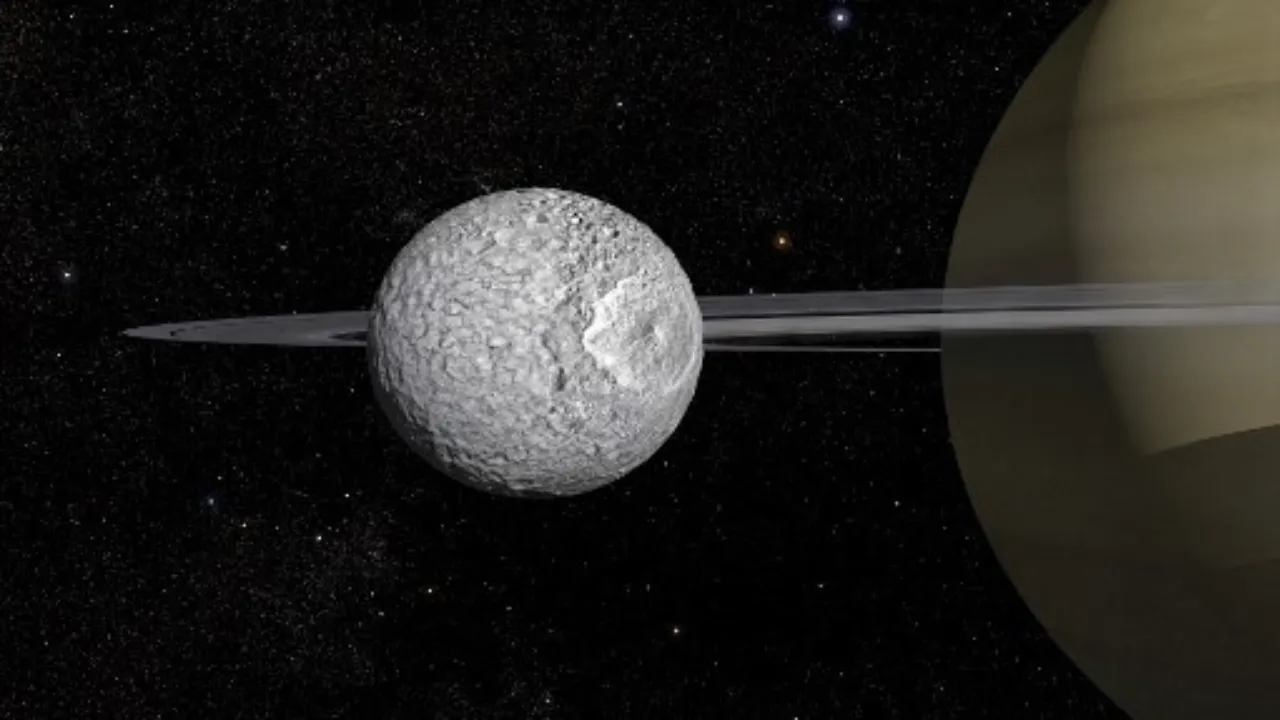  This handout image released on February 7, 2024 by Animea Studio - Observatoire de Paris - PSL, IMCCE - shows an artist's impression of the 400-km diameter Mimas, one of Saturn’s small moons. Photograph: (AFP) 