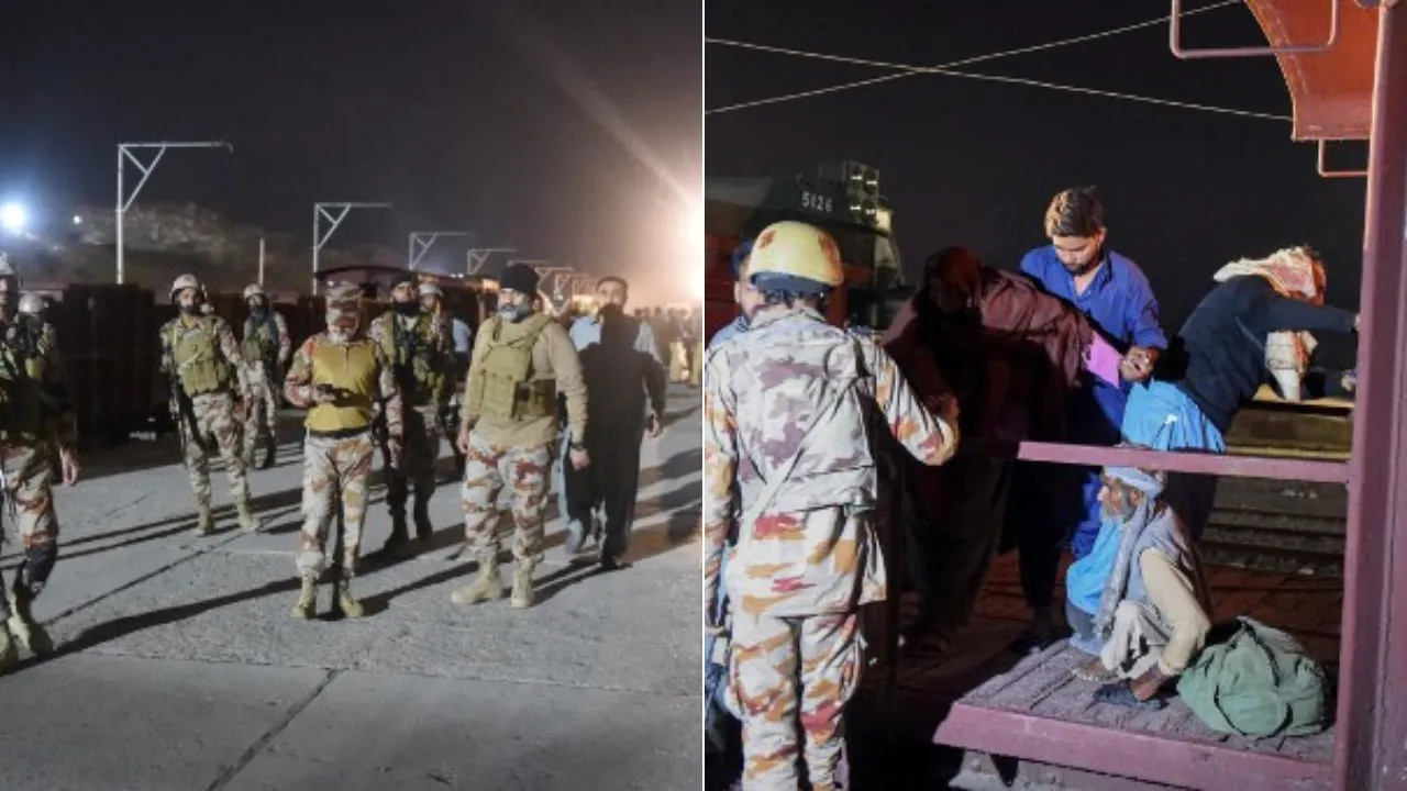  Soldiers secure Mach railway station after Pakistani security forces freed some passengers following a security operation against armed militants who ambushed the train in the remote mountainous area, in Mach, southwestern Balochistan province on March 12, 2025.  Photograph: (AFP) 