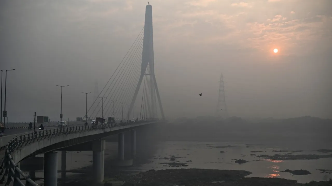  A general view shows the Signature Bridge over the Yamuna River on a smoggy winter morning in New Delhi on December 20, 2024.  Photograph: (AFP) 