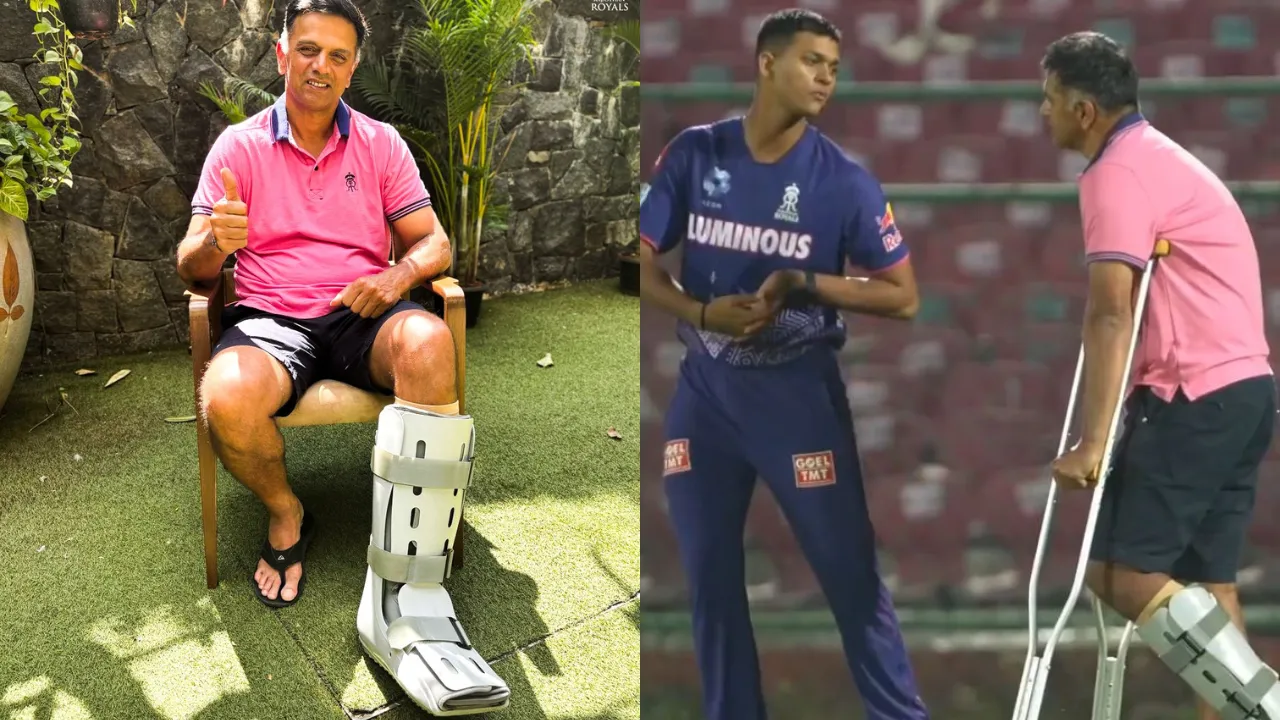  Rahul Dravid joins Rajasthan Royals camp in crutches Photograph: (X/Royals) 