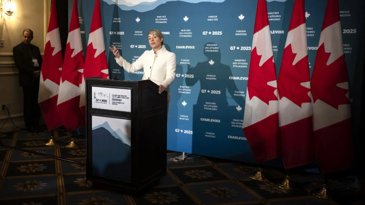  File photo: Canadian Foreign Minister Mélanie Joly speaks during the G7 meeting of foreign ministers in La Malbaie, Quebec, on March 14, 2025. Photograph: (AFP) 