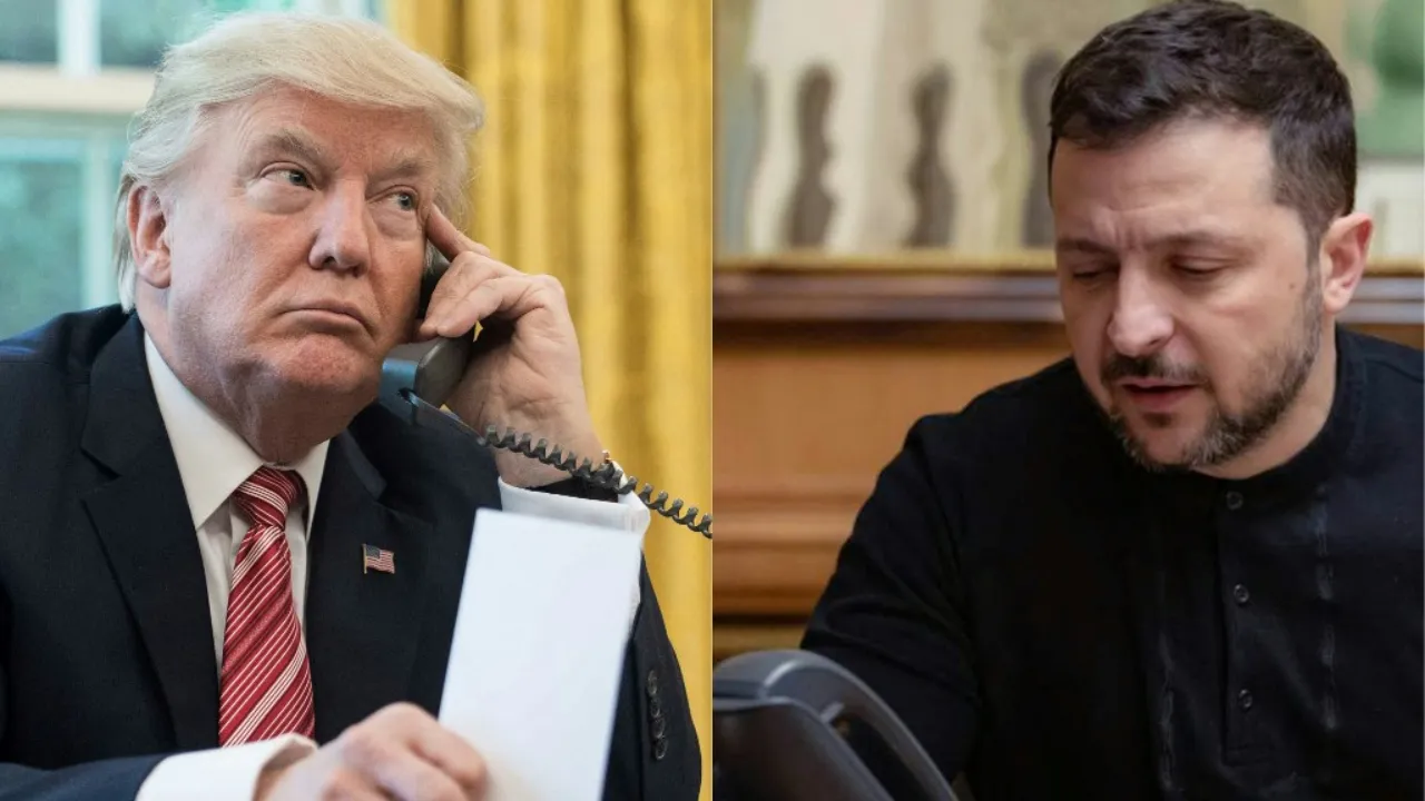  This combination of files pictures shows US President Donald Trump on the phone in the Oval Office at the White House in Washington, DC, on June 27, 2017 and a handout photograph taken and released by the Ukrainian Presidential Press Service on February 12, 2025, showing Ukraine's President Volodymyr Zelensky speaking during a phone call with the US president while sitting at his office in Kyiv. Photograph: (AFP) 