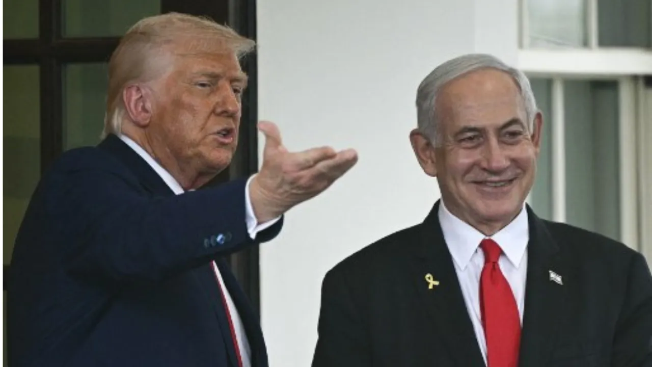  US President Donald Trump gestures as Israeli Prime Minister Benjamin Netanyahu departs the White House in Washington, DC, on April 7, 2025. Photograph: (AFP) 