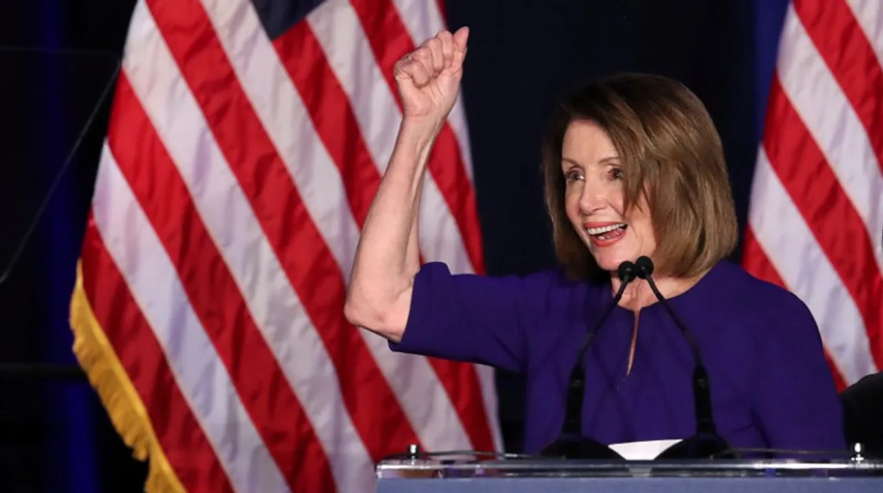  US House Minority Leader Nancy Pelosi celebrates the Democrats winning a majority in the US House of Representatives in the US midterm elections during a Democratic election night party in Washington, US. Photograph:(Reuters) 