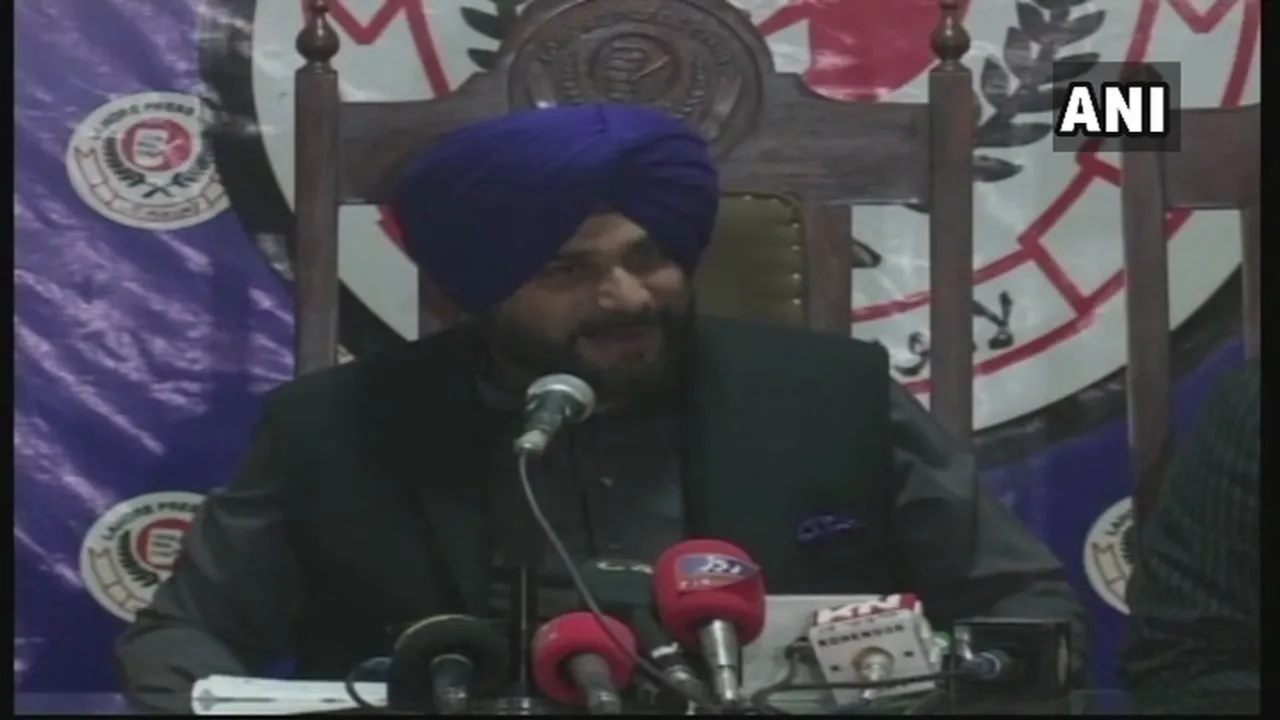  Sidhu addressing the the media persons in Lahore.  Photograph:(ANI) 