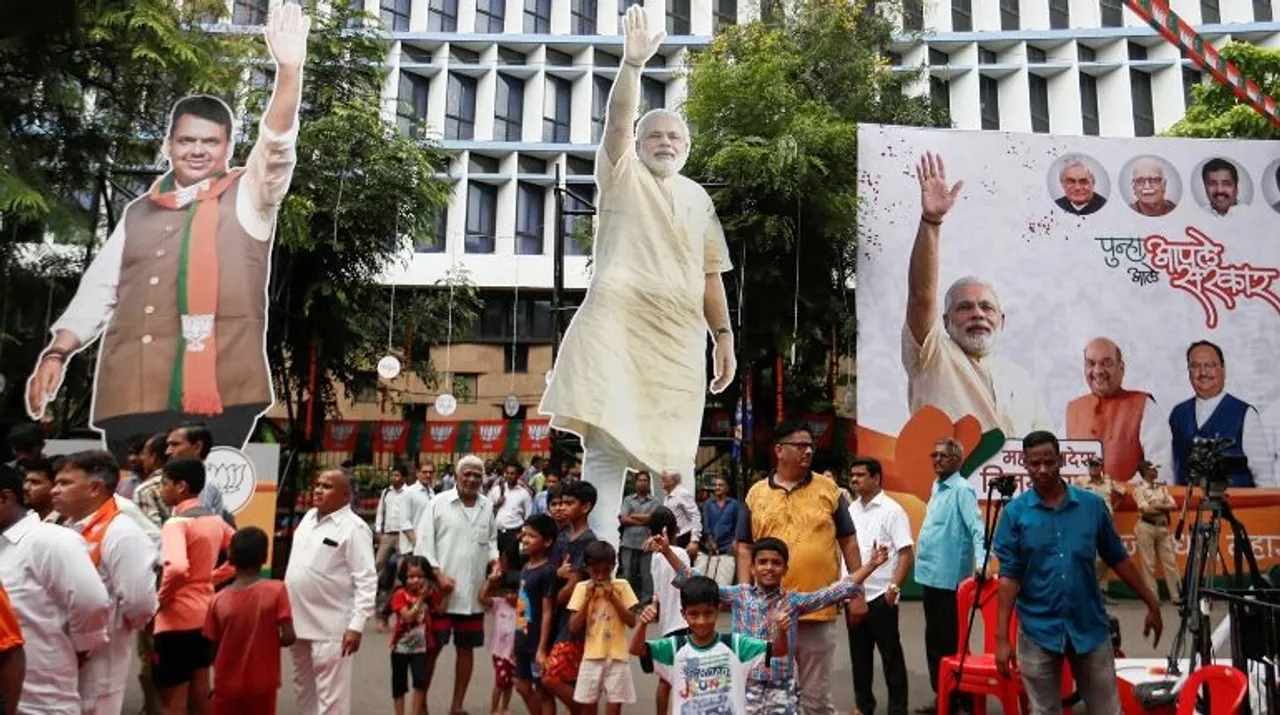  Cutouts and posters of BJP leaders are seen outside the party office in Maharashtra Photograph:(Reuters) 