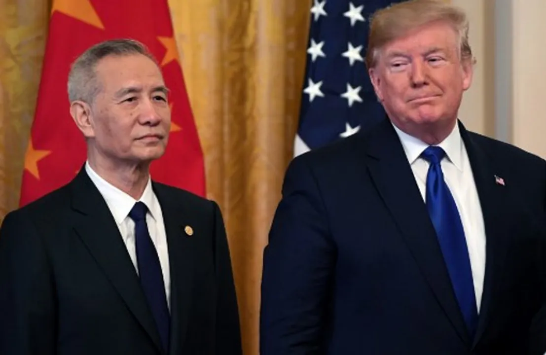  President Donald Trump and Chinaâs Vice Premier Liu He, the countryâs top trade negotiator, hold a press conference ahead of signing the trade agreement. Photograph:(AFP) 