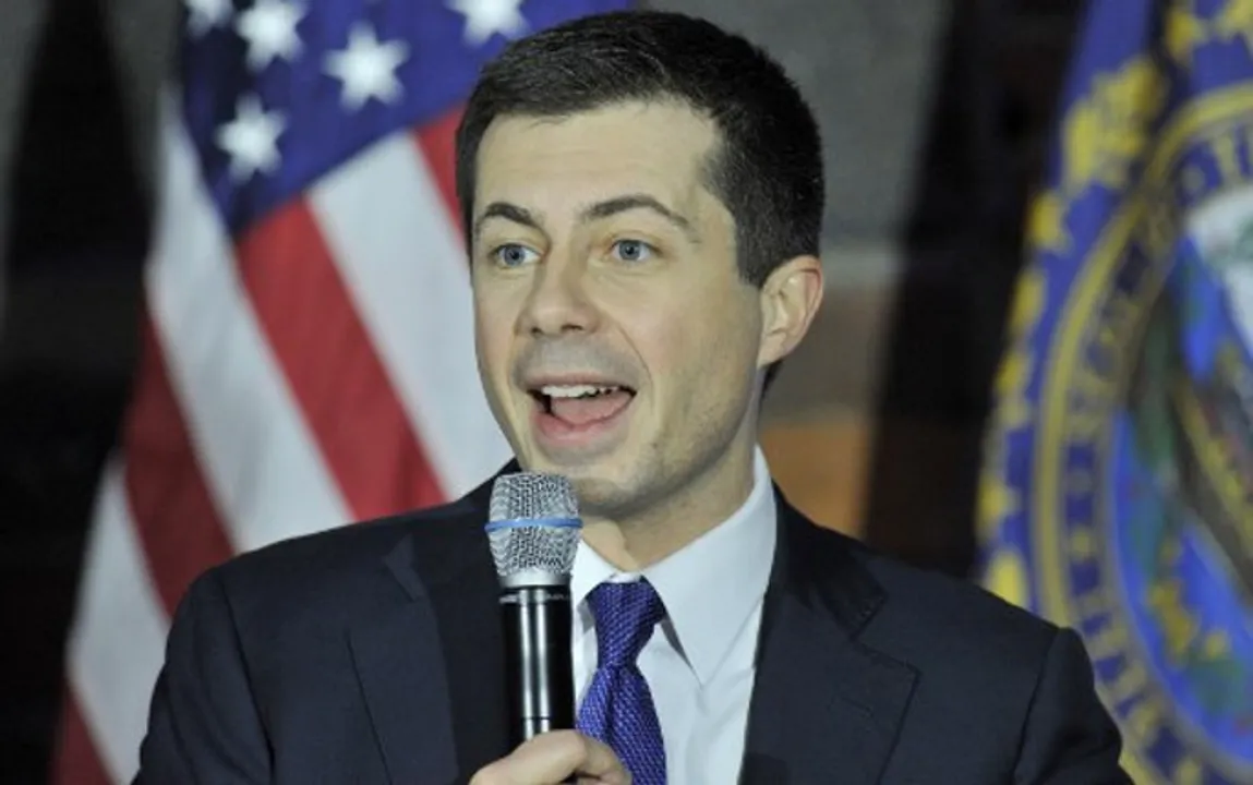  Democratic Presidential candidate Pete Buttigieg speaks at the Rex Theater in his first public appearance since the Iowa Caucus the night before in Manchester, New Hampshire Photograph:(AFP) 