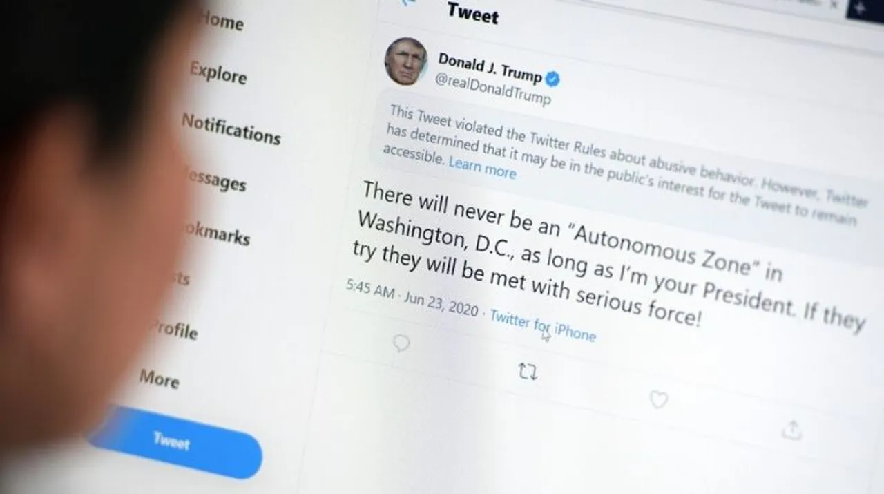  Twitter hides Trump's tweet targeting protestors in Washington DC; labels it as 'abusive content'  Photograph:(AFP) 
