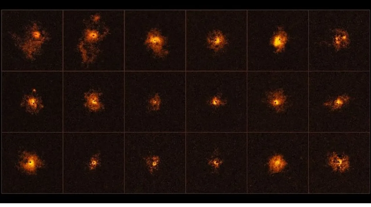  In an image provided by Borisova et al./ESO, eighteen quasars observed by the European Southern Observatoryâs Very Large Telescope, one of several telescopes around the world that contributed to the discovery of SDSS J1030+0524 and its cluster or proto-galaxies. The discovery of a black hole surrounded by protogalaxies provides astronomers with a rare glimpse of the web of matter permeating the cosmos. (Borisova et al./ESO Â© 2020 The New York Times) Photograph:(The New York Times) 
