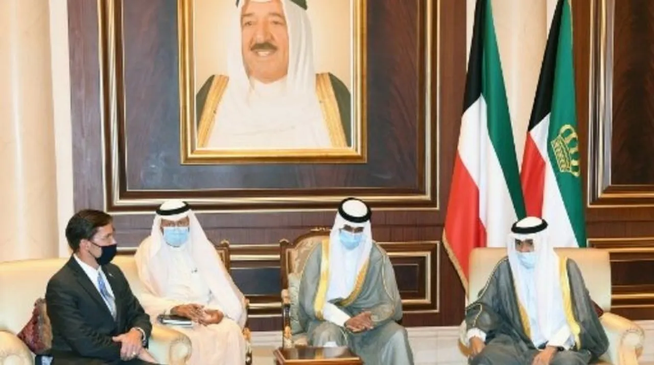 TheÂ US Defence Secretary Mark Esper (L) meeting with the new emir Sheikh Nawaf al-Ahmad Al-Sabah (R) at the emiri terminal of the Kuwait international airport in the capital on October 4, 2020. Photograph:(AFP) 
